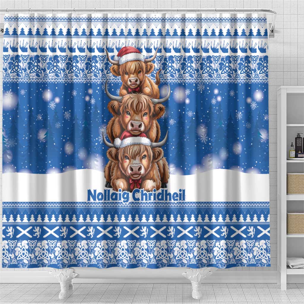 Scotland Highland Cow Christmas Shower Curtain Nollaig Chridheil Blue Winter - Wonder Print Shop