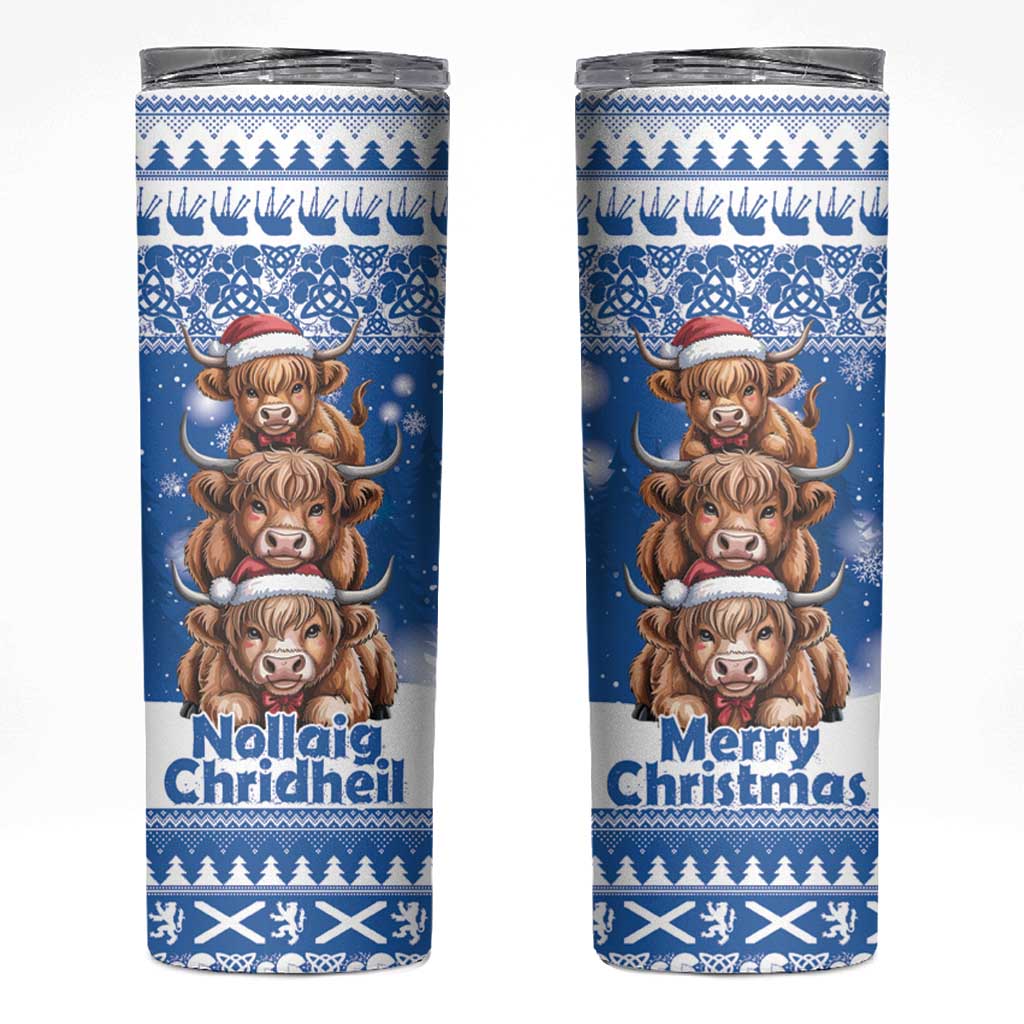 Scotland Highland Cow Christmas Skinny Tumbler Nollaig Chridheil Blue Winter - Wonder Print Shop