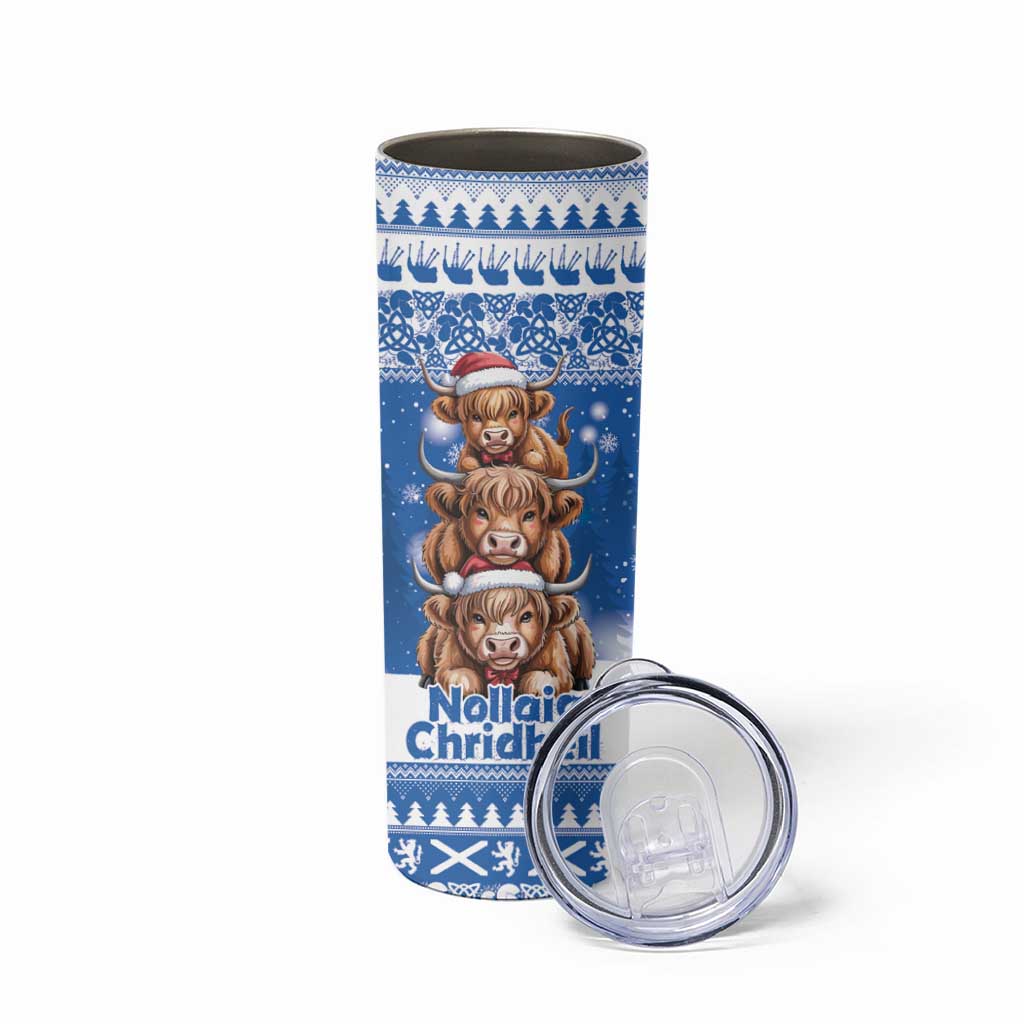 Scotland Highland Cow Christmas Skinny Tumbler Nollaig Chridheil Blue Winter - Wonder Print Shop
