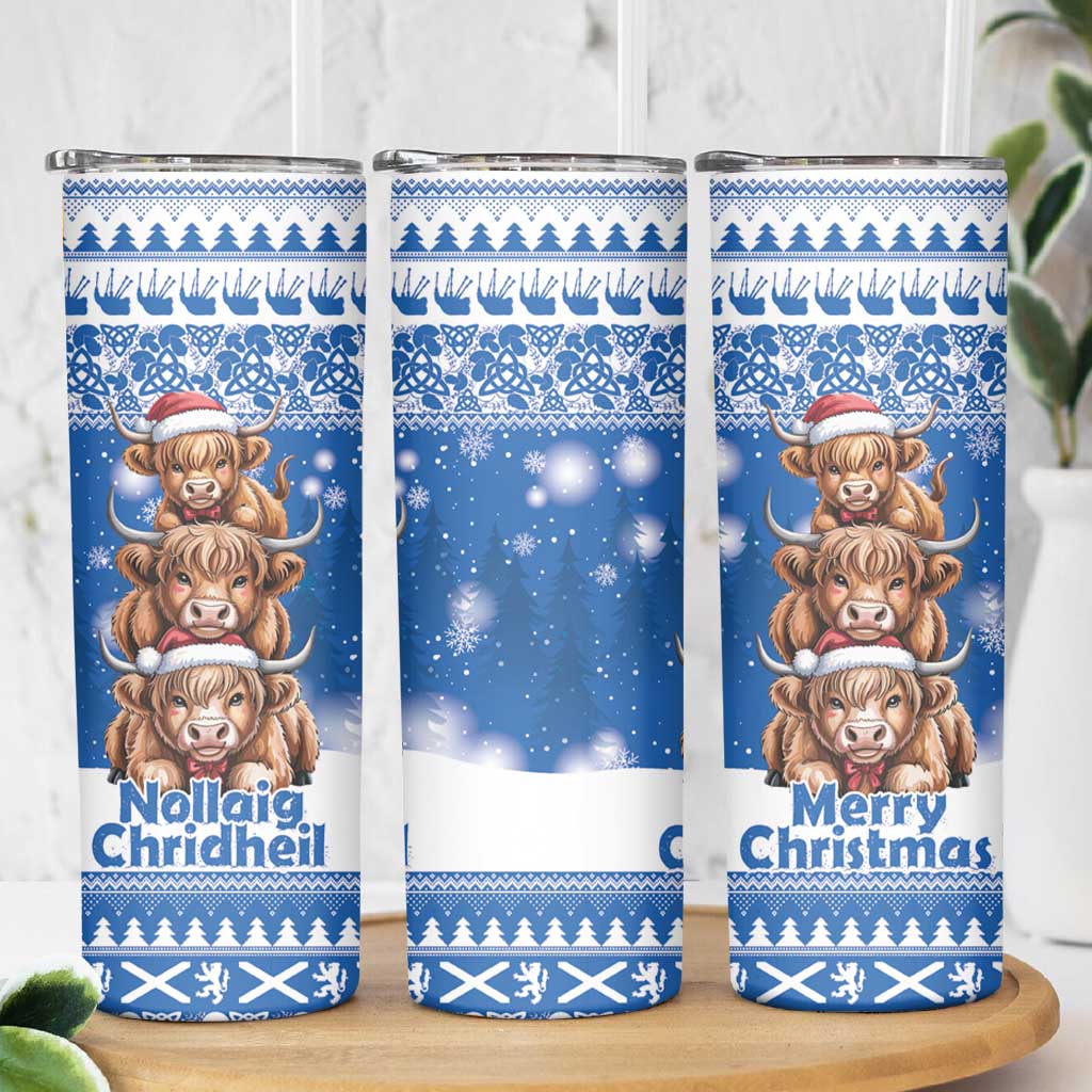 Scotland Highland Cow Christmas Skinny Tumbler Nollaig Chridheil Blue Winter - Wonder Print Shop