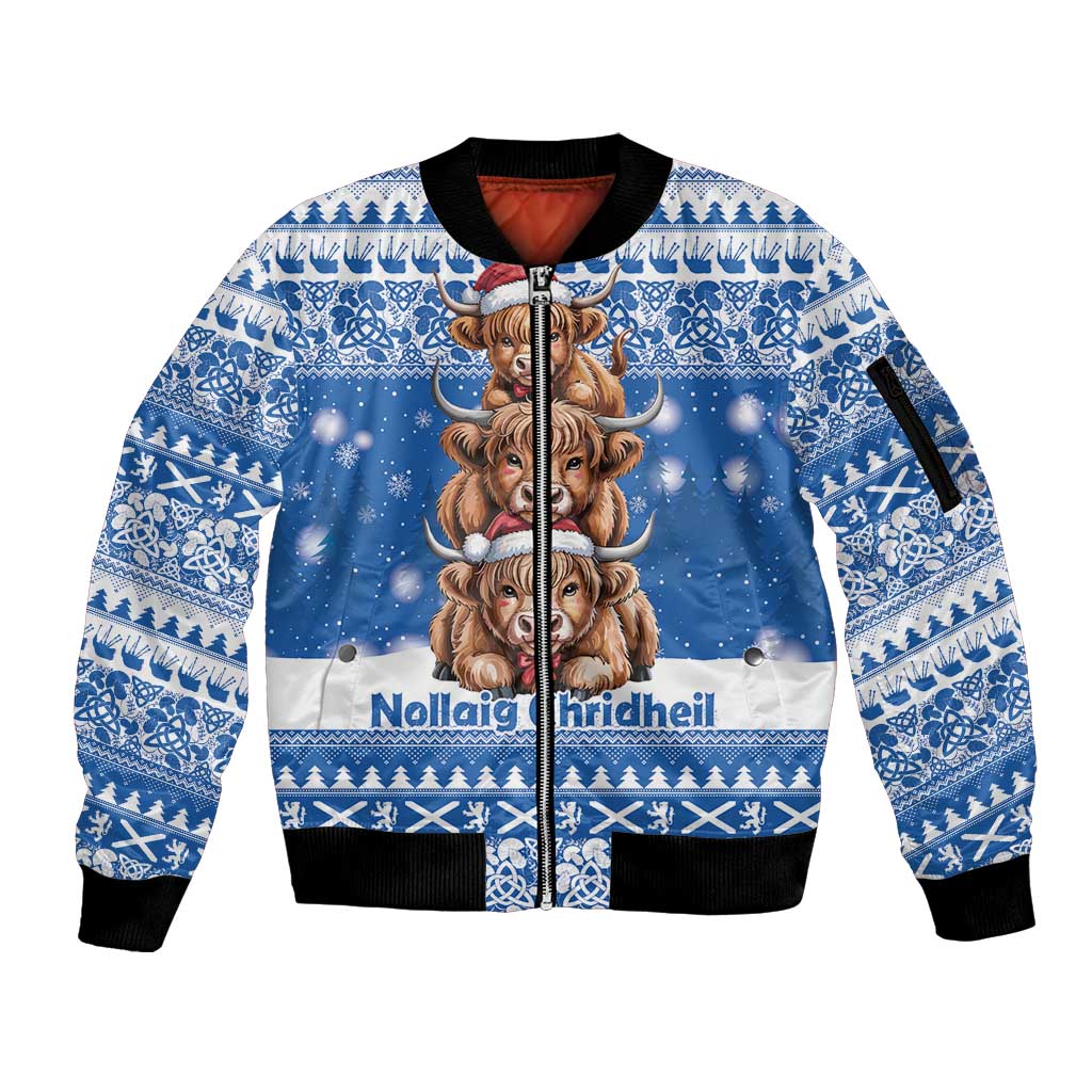 Scotland Highland Cow Christmas Sleeve Zip Bomber Jacket Nollaig Chridheil Blue Winter - Wonder Print Shop