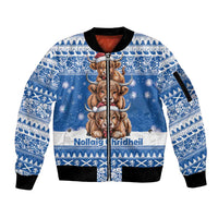 Scotland Highland Cow Christmas Sleeve Zip Bomber Jacket Nollaig Chridheil Blue Winter - Wonder Print Shop