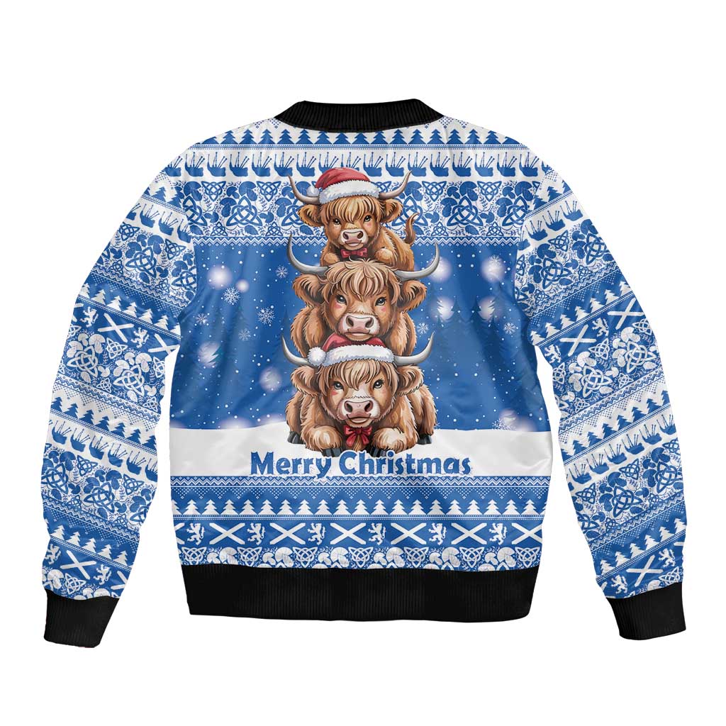 Scotland Highland Cow Christmas Sleeve Zip Bomber Jacket Nollaig Chridheil Blue Winter - Wonder Print Shop