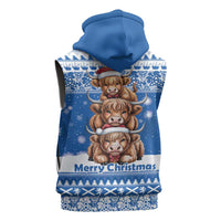 Scotland Highland Cow Christmas Sleeveless Hoodie Nollaig Chridheil Blue Winter - Wonder Print Shop