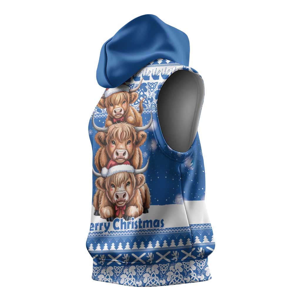 Scotland Highland Cow Christmas Sleeveless Hoodie Nollaig Chridheil Blue Winter - Wonder Print Shop