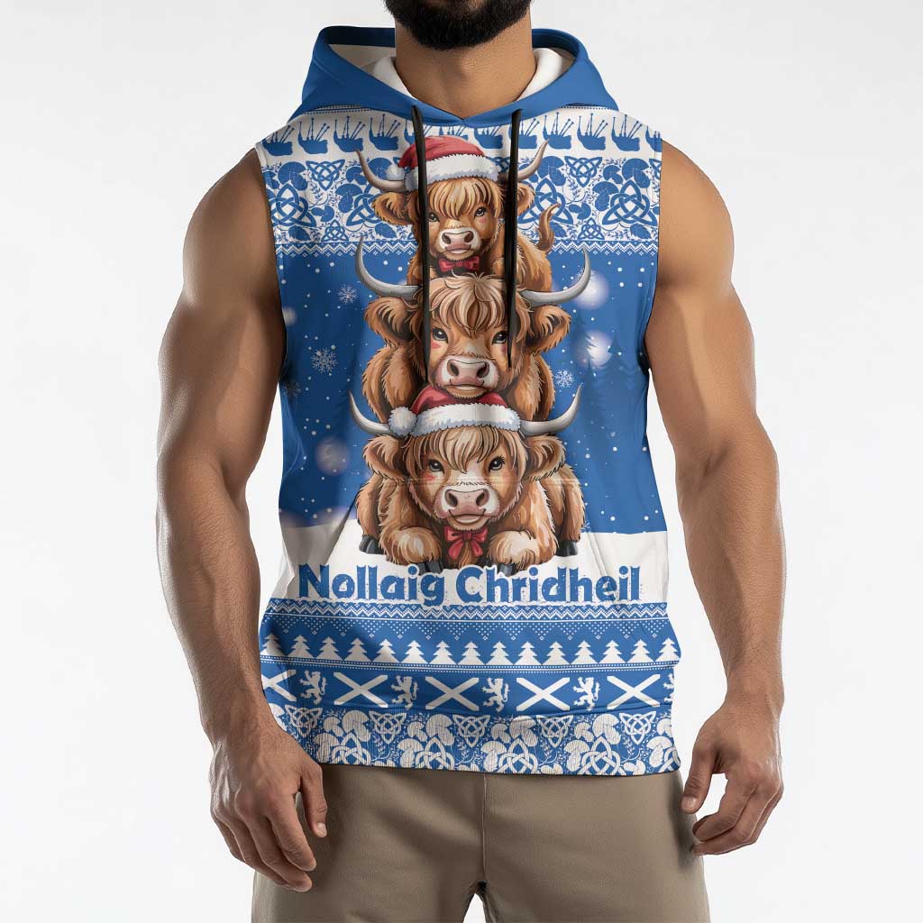 Scotland Highland Cow Christmas Sleeveless Hoodie Nollaig Chridheil Blue Winter - Wonder Print Shop