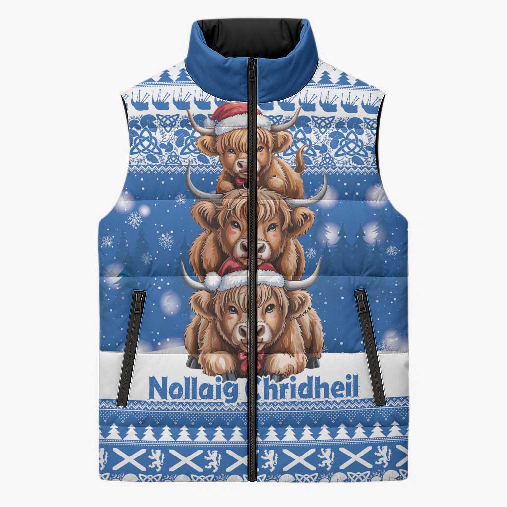 Scotland Highland Cow Christmas Sleeveless Puffer Jacket Nollaig Chridheil Blue Winter - Wonder Print Shop
