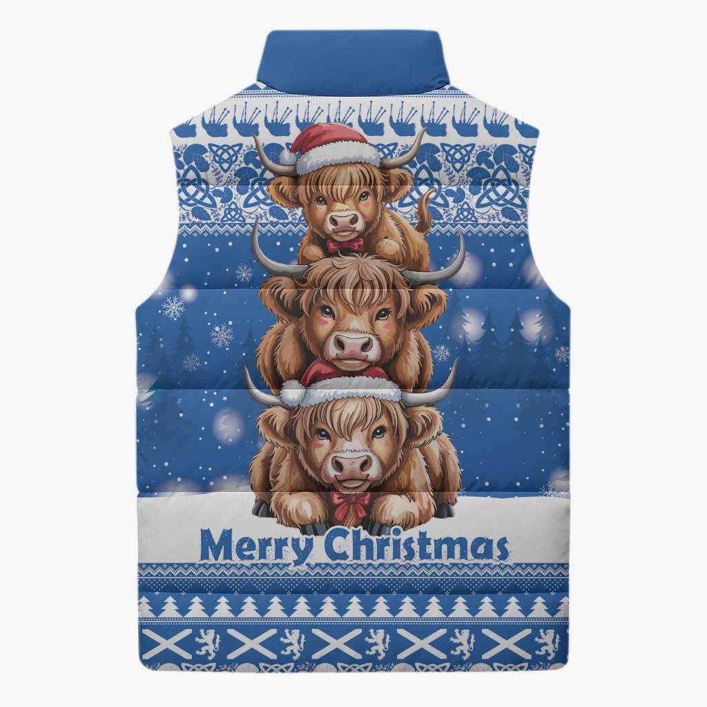 Scotland Highland Cow Christmas Sleeveless Puffer Jacket Nollaig Chridheil Blue Winter - Wonder Print Shop