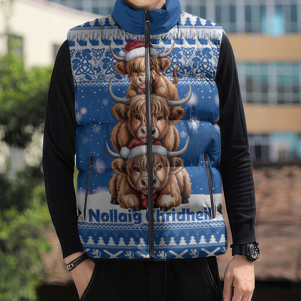 Scotland Highland Cow Christmas Sleeveless Puffer Jacket Nollaig Chridheil Blue Winter - Wonder Print Shop