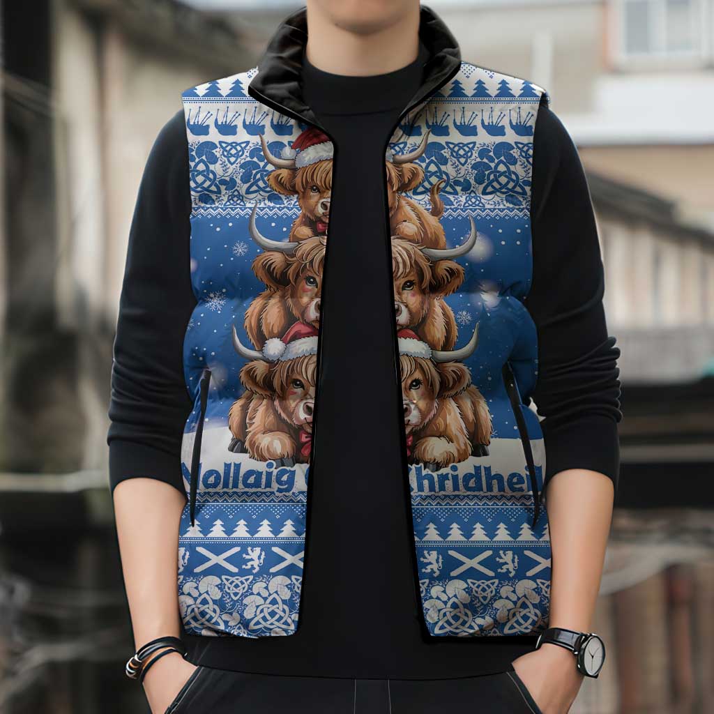 Scotland Highland Cow Christmas Sleeveless Puffer Jacket Nollaig Chridheil Blue Winter - Wonder Print Shop