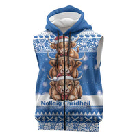 Scotland Highland Cow Christmas Sleeveless Zip Hoodie Nollaig Chridheil Blue Winter - Wonder Print Shop