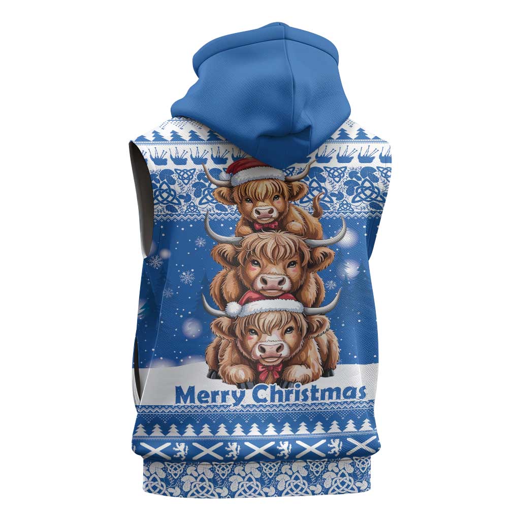 Scotland Highland Cow Christmas Sleeveless Zip Hoodie Nollaig Chridheil Blue Winter - Wonder Print Shop