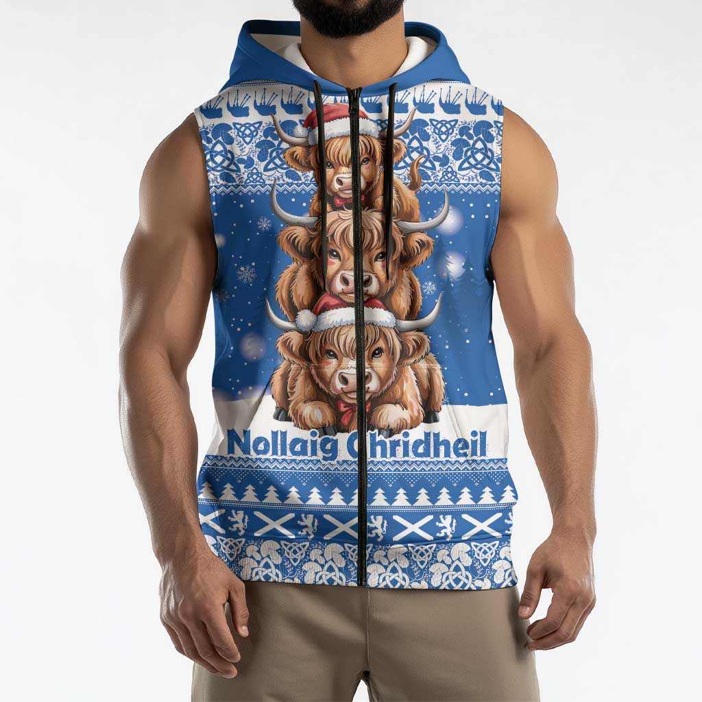 Scotland Highland Cow Christmas Sleeveless Zip Hoodie Nollaig Chridheil Blue Winter - Wonder Print Shop