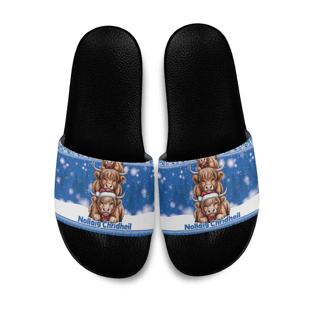 Scotland Highland Cow Christmas Slide Sandals Nollaig Chridheil Blue Winter - Wonder Print Shop