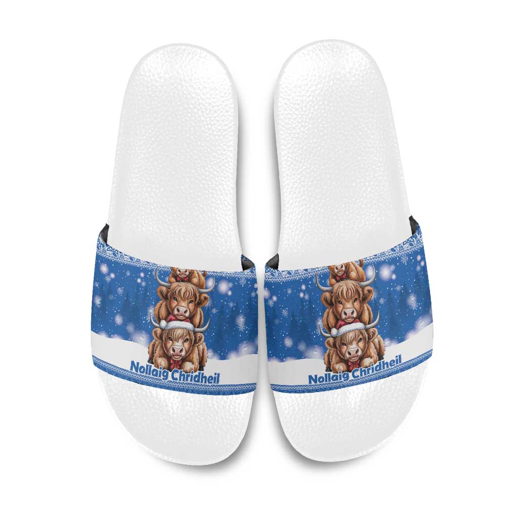 Scotland Highland Cow Christmas Slide Sandals Nollaig Chridheil Blue Winter - Wonder Print Shop