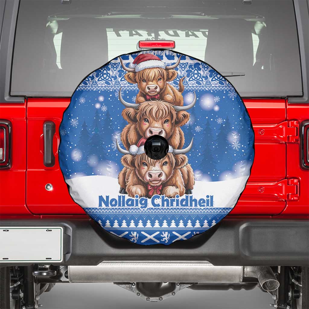 Scotland Highland Cow Christmas Spare Tire Cover Nollaig Chridheil Blue Winter - Wonder Print Shop