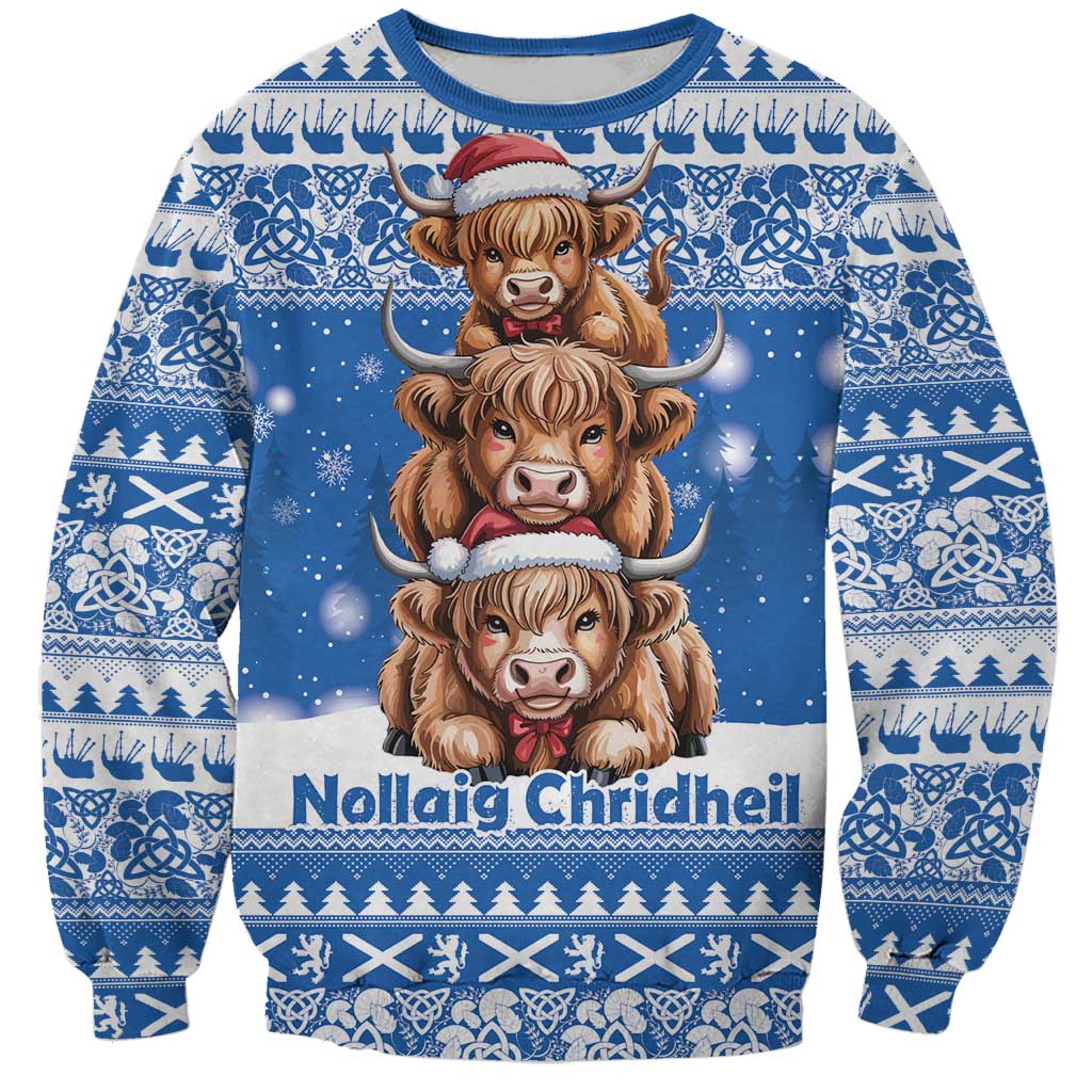 Scotland Highland Cow Christmas Sweatshirt Nollaig Chridheil Blue Winter - Wonder Print Shop