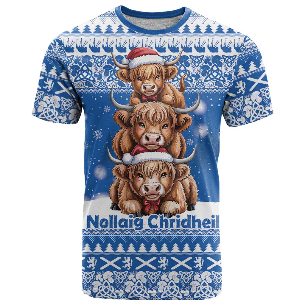 Scotland Highland Cow Christmas T Shirt Nollaig Chridheil Blue Winter - Wonder Print Shop