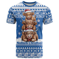 Scotland Highland Cow Christmas T Shirt Nollaig Chridheil Blue Winter - Wonder Print Shop