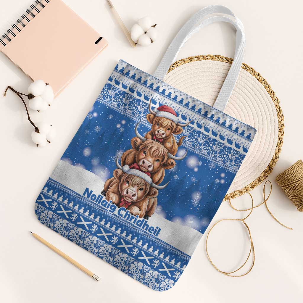 Scotland Highland Cow Christmas Tote Bag Nollaig Chridheil Blue Winter - Wonder Print Shop