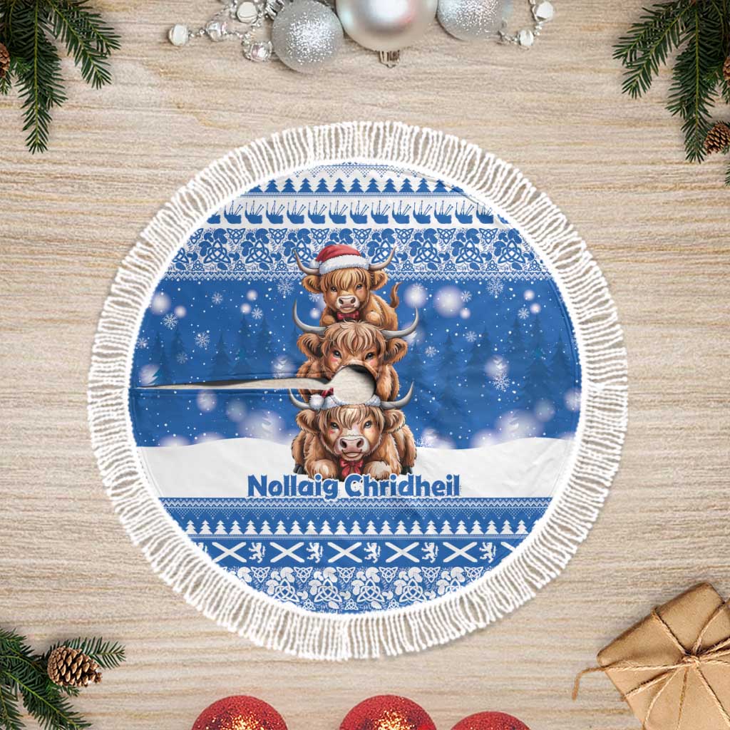 Scotland Highland Cow Christmas Tree Skirt Nollaig Chridheil Blue Winter - Wonder Print Shop