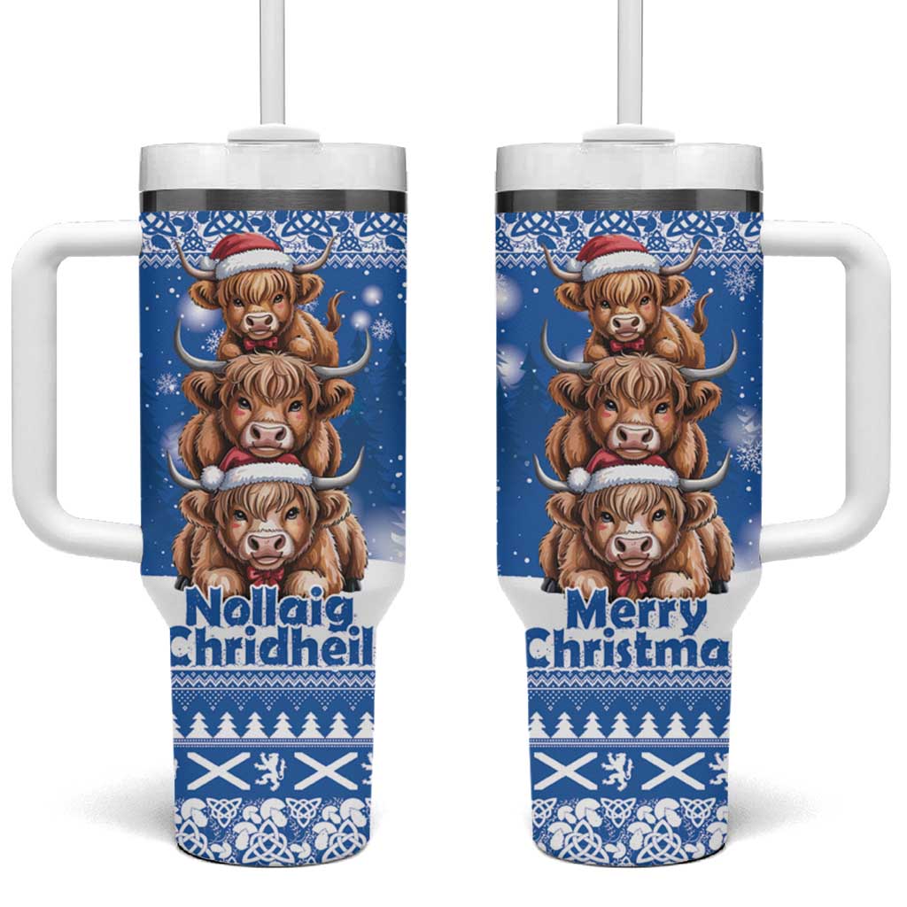 Scotland Highland Cow Christmas Tumbler With Handle Nollaig Chridheil Blue Winter - Wonder Print Shop