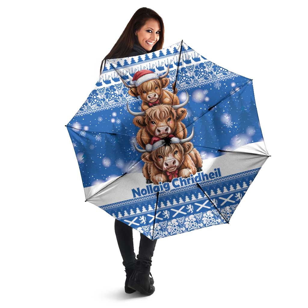 Scotland Highland Cow Christmas Umbrella Nollaig Chridheil Blue Winter - Wonder Print Shop