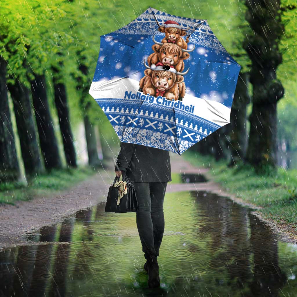 Scotland Highland Cow Christmas Umbrella Nollaig Chridheil Blue Winter - Wonder Print Shop
