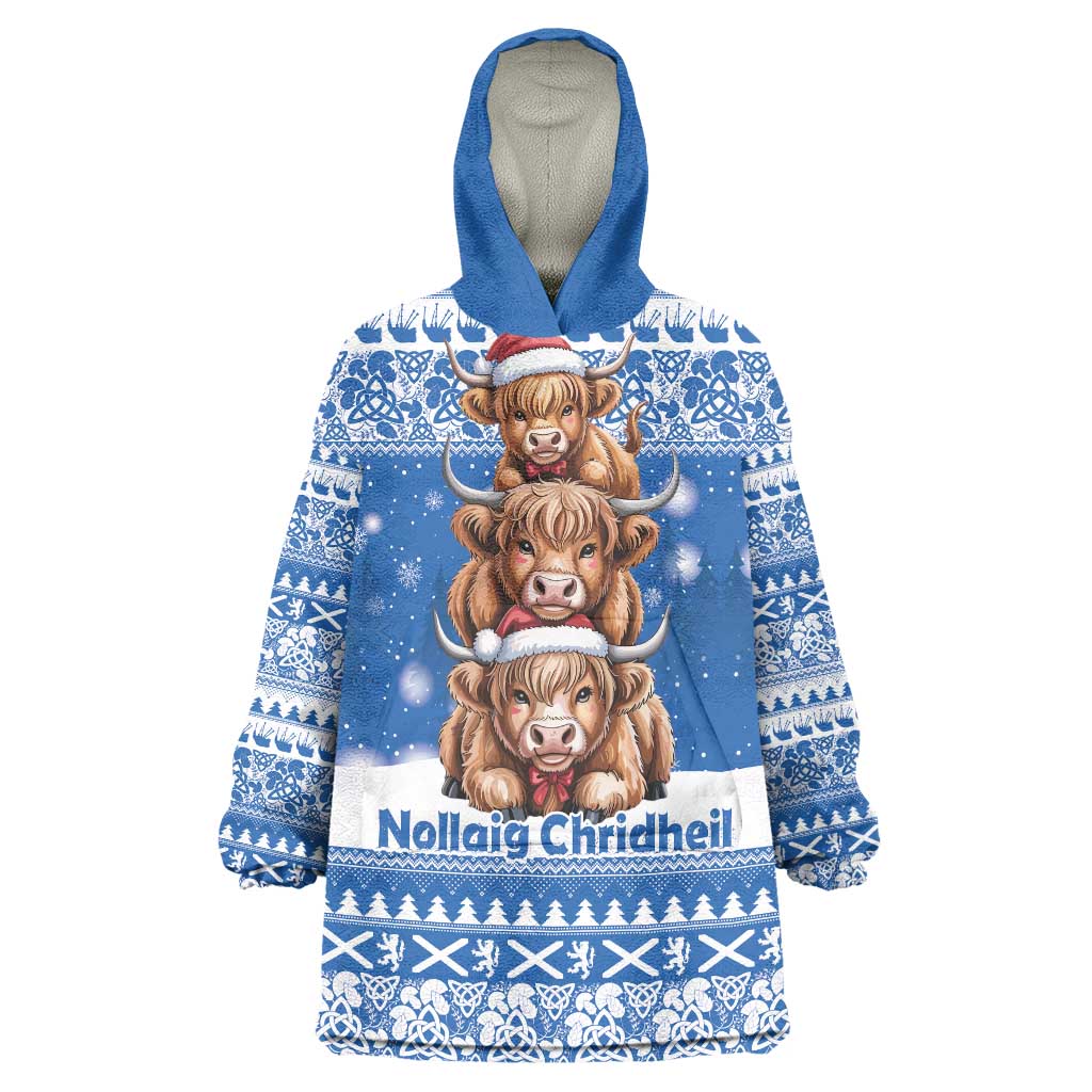 Scotland Highland Cow Christmas Wearable Blanket Hoodie Nollaig Chridheil Blue Winter - Wonder Print Shop