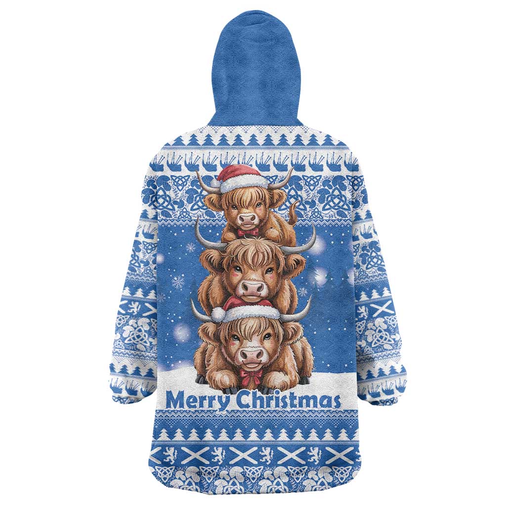 Scotland Highland Cow Christmas Wearable Blanket Hoodie Nollaig Chridheil Blue Winter - Wonder Print Shop