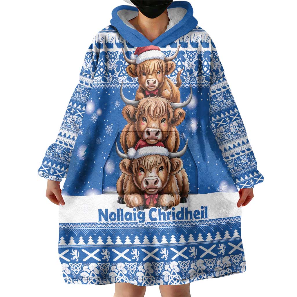 Scotland Highland Cow Christmas Wearable Blanket Hoodie Nollaig Chridheil Blue Winter - Wonder Print Shop