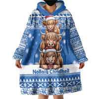 Scotland Highland Cow Christmas Wearable Blanket Hoodie Nollaig Chridheil Blue Winter - Wonder Print Shop