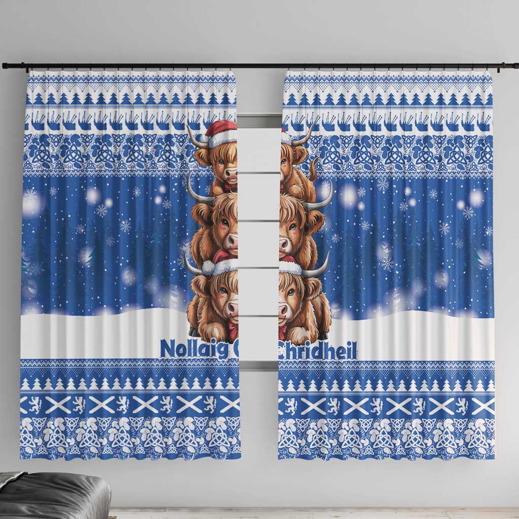 Scotland Highland Cow Christmas Window Curtain Nollaig Chridheil Blue Winter - Wonder Print Shop