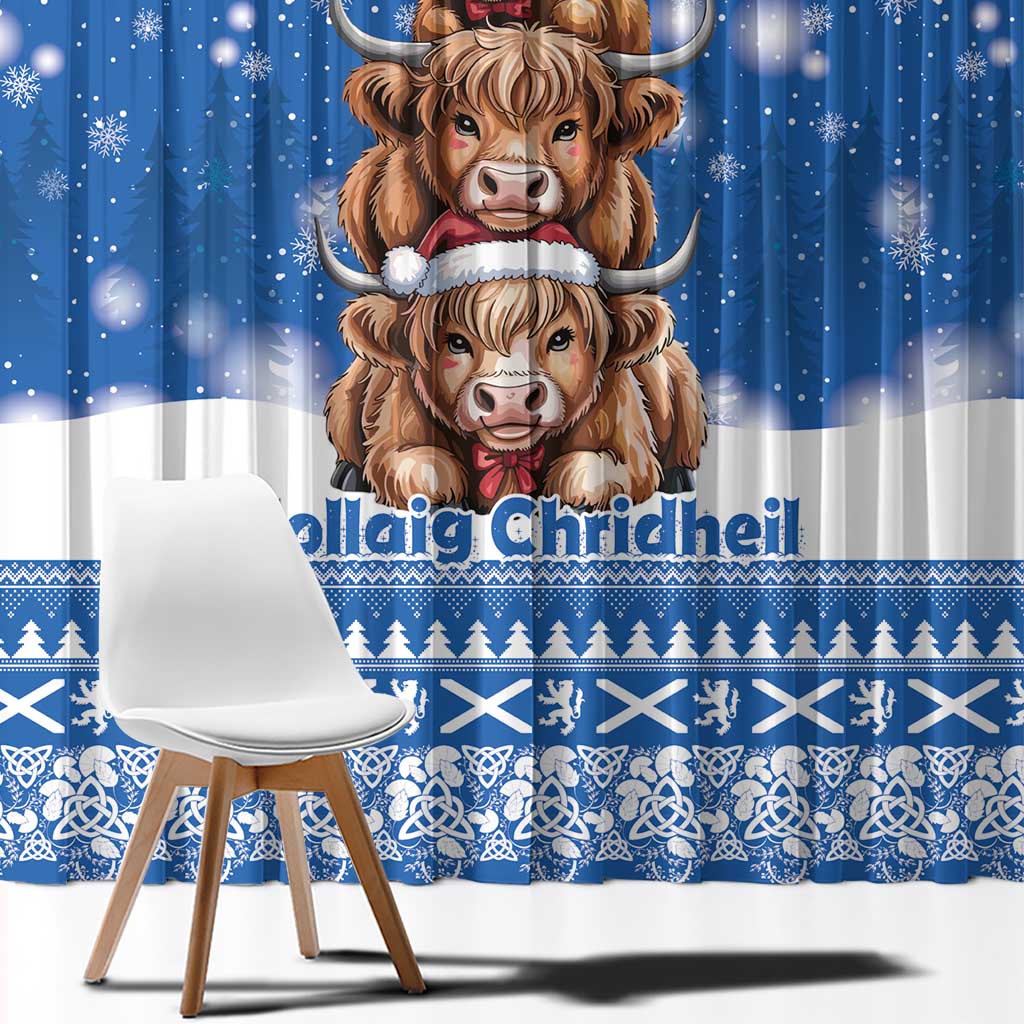 Scotland Highland Cow Christmas Window Curtain Nollaig Chridheil Blue Winter - Wonder Print Shop
