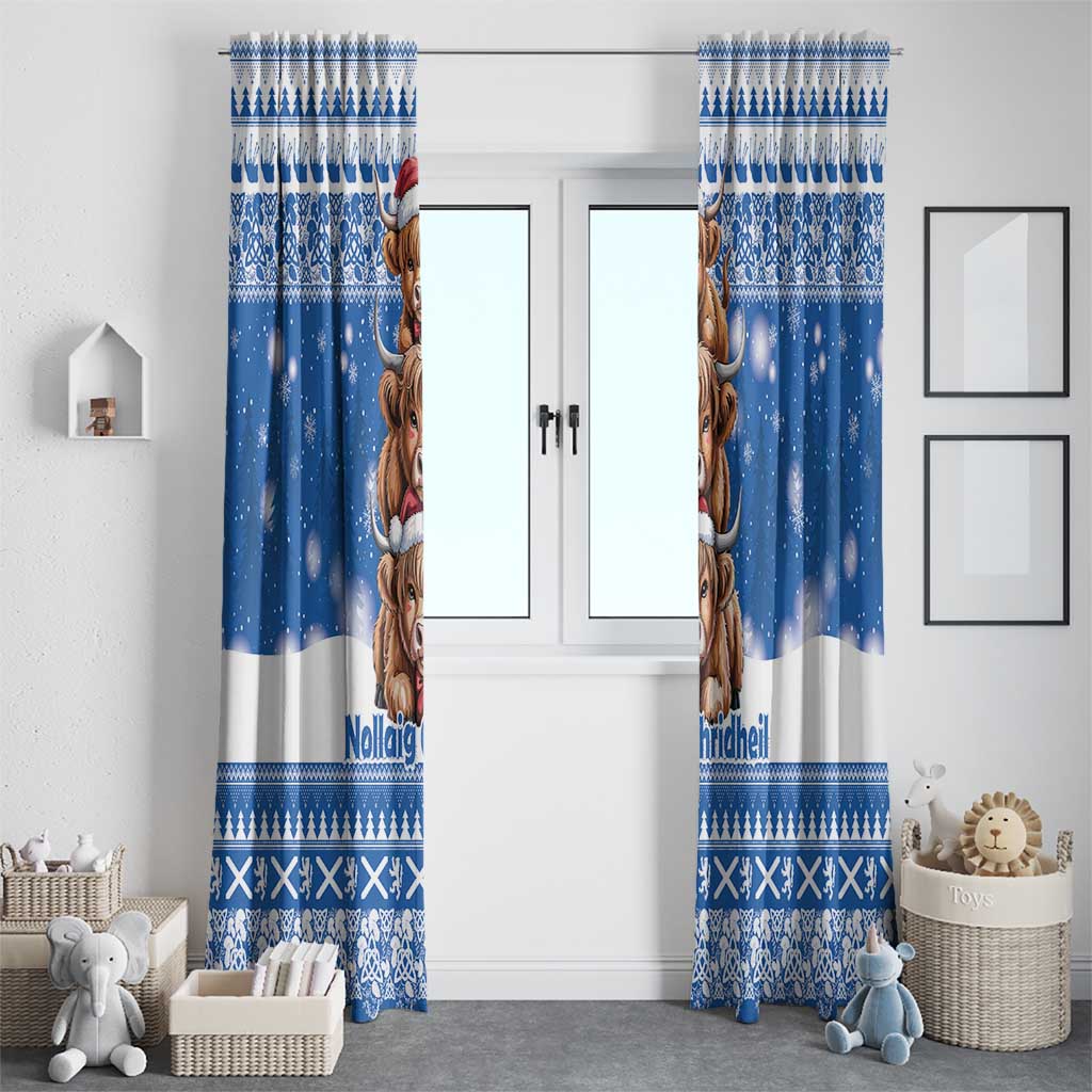 Scotland Highland Cow Christmas Window Curtain Nollaig Chridheil Blue Winter - Wonder Print Shop