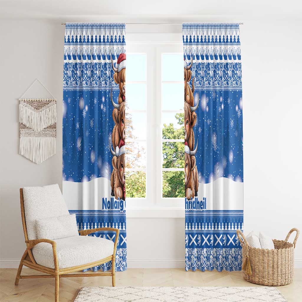 Scotland Highland Cow Christmas Window Curtain Nollaig Chridheil Blue Winter - Wonder Print Shop