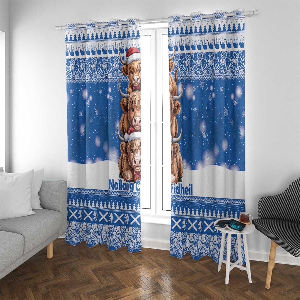Scotland Highland Cow Christmas Window Curtain Nollaig Chridheil Blue Winter - Wonder Print Shop