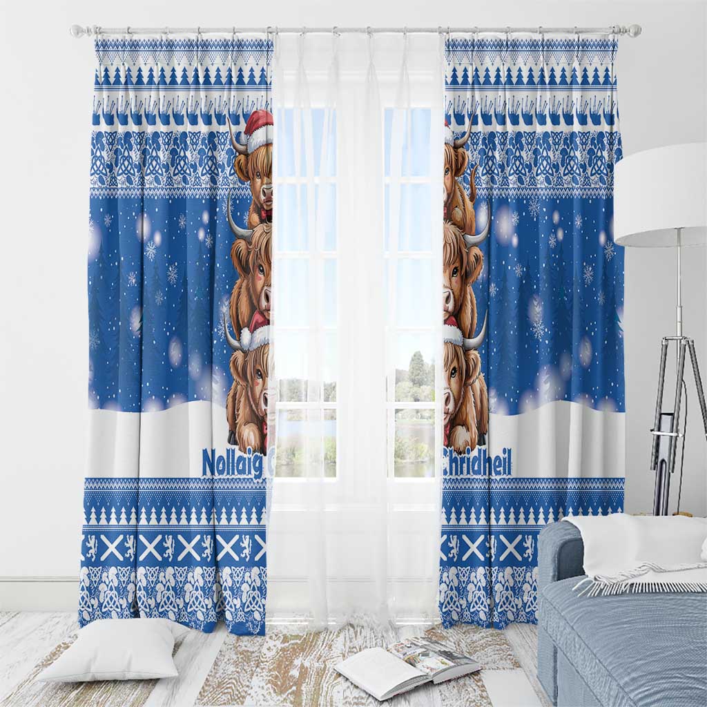 Scotland Highland Cow Christmas Window Curtain Nollaig Chridheil Blue Winter - Wonder Print Shop