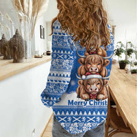 Scotland Highland Cow Christmas Women Casual Shirt Nollaig Chridheil Blue Winter - Wonder Print Shop
