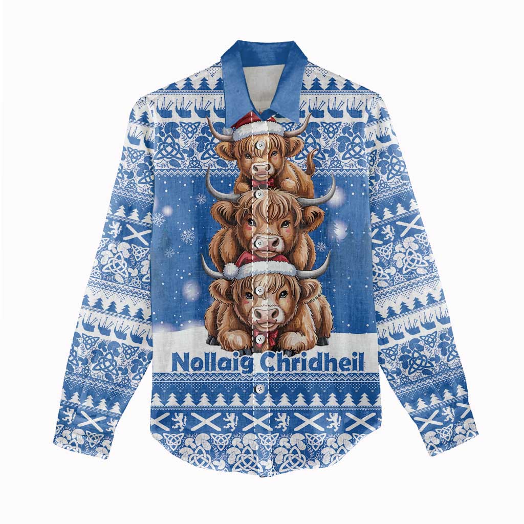 Scotland Highland Cow Christmas Women Casual Shirt Nollaig Chridheil Blue Winter - Wonder Print Shop