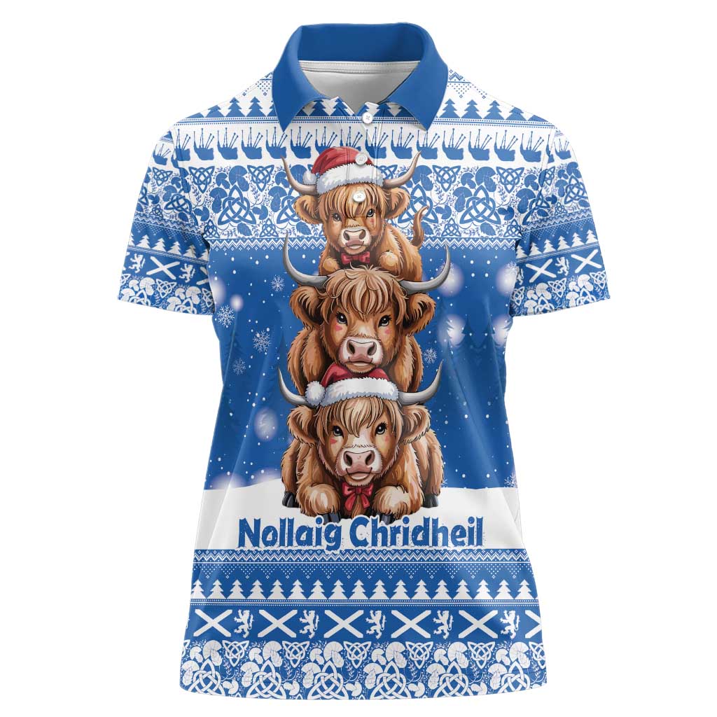Scotland Highland Cow Christmas Women Polo Shirt Nollaig Chridheil Blue Winter - Wonder Print Shop