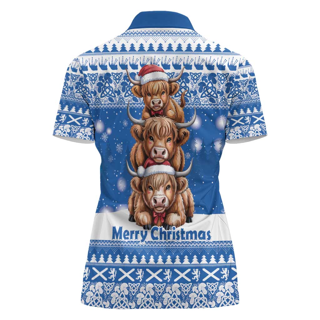Scotland Highland Cow Christmas Women Polo Shirt Nollaig Chridheil Blue Winter - Wonder Print Shop