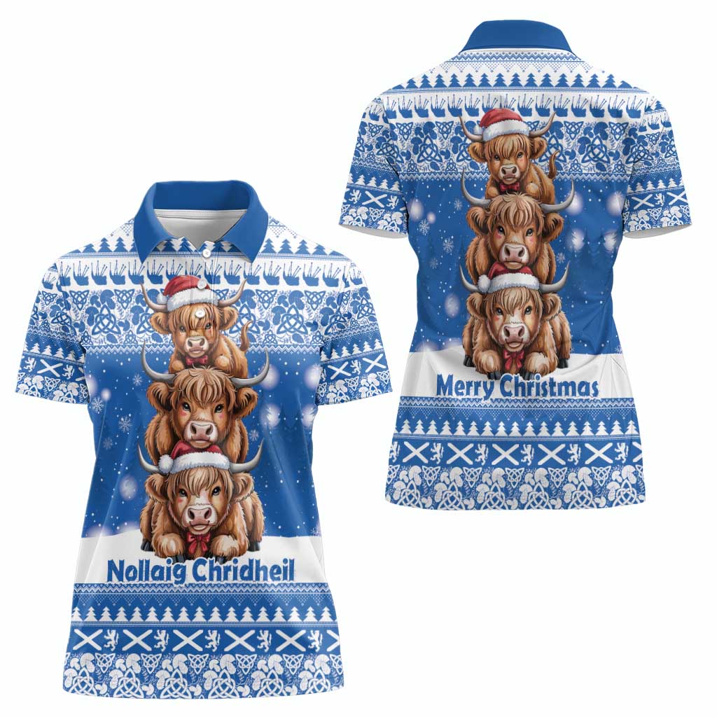 Scotland Highland Cow Christmas Women Polo Shirt Nollaig Chridheil Blue Winter - Wonder Print Shop