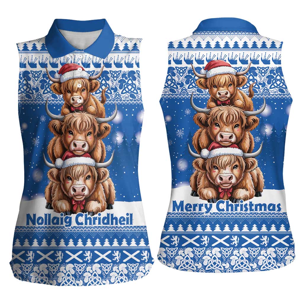 Scotland Highland Cow Christmas Women Sleeveless Polo Shirt Nollaig Chridheil Blue Winter - Wonder Print Shop