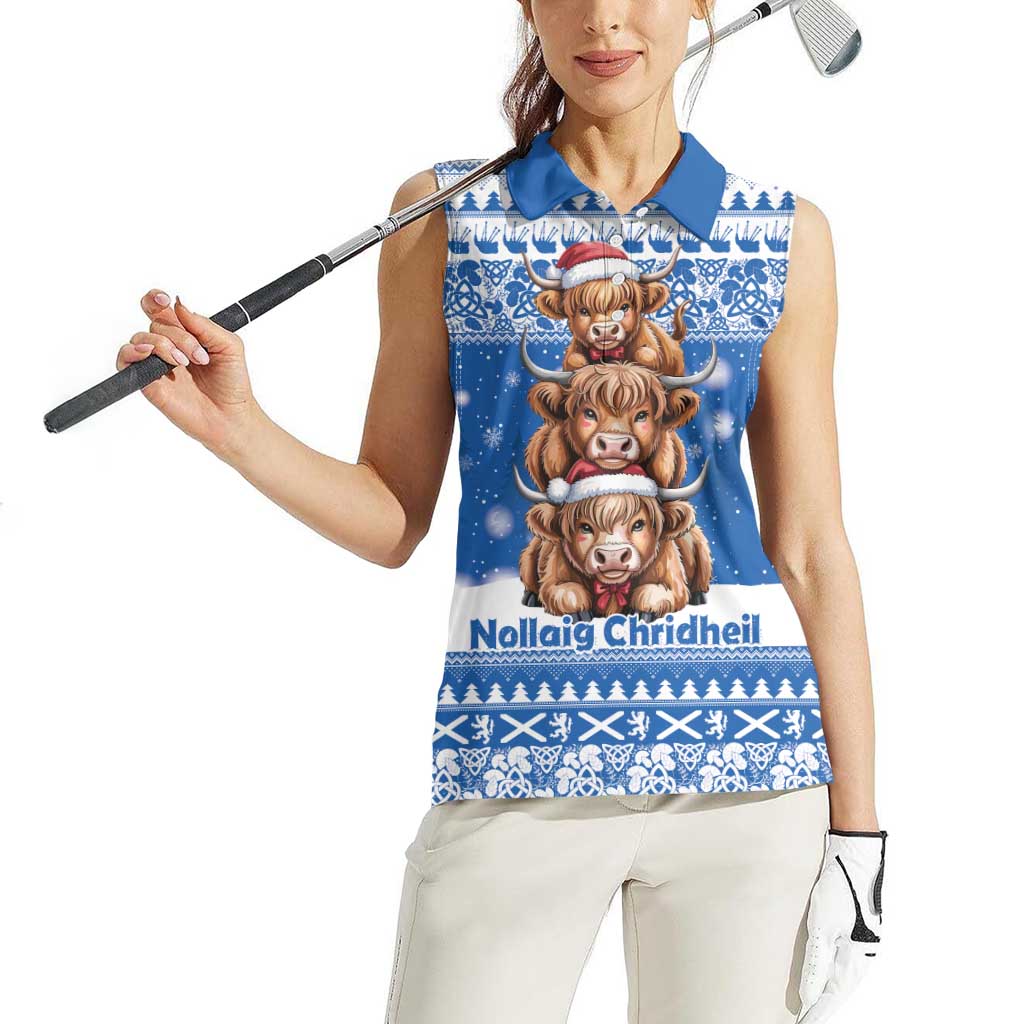 Scotland Highland Cow Christmas Women Sleeveless Polo Shirt Nollaig Chridheil Blue Winter - Wonder Print Shop