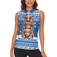 Scotland Highland Cow Christmas Women Sleeveless Polo Shirt Nollaig Chridheil Blue Winter - Wonder Print Shop