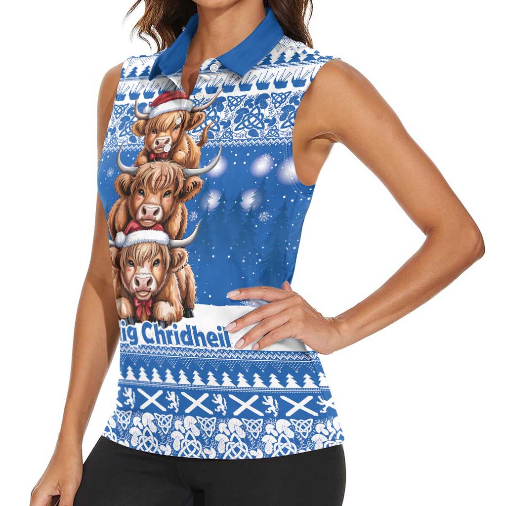 Scotland Highland Cow Christmas Women Sleeveless Polo Shirt Nollaig Chridheil Blue Winter - Wonder Print Shop