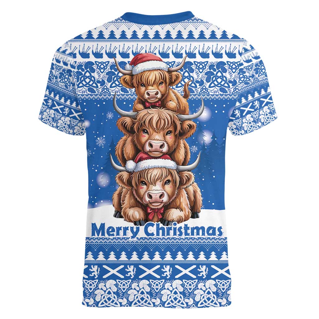 Scotland Highland Cow Christmas Women V-Neck T-Shirt Nollaig Chridheil Blue Winter - Wonder Print Shop