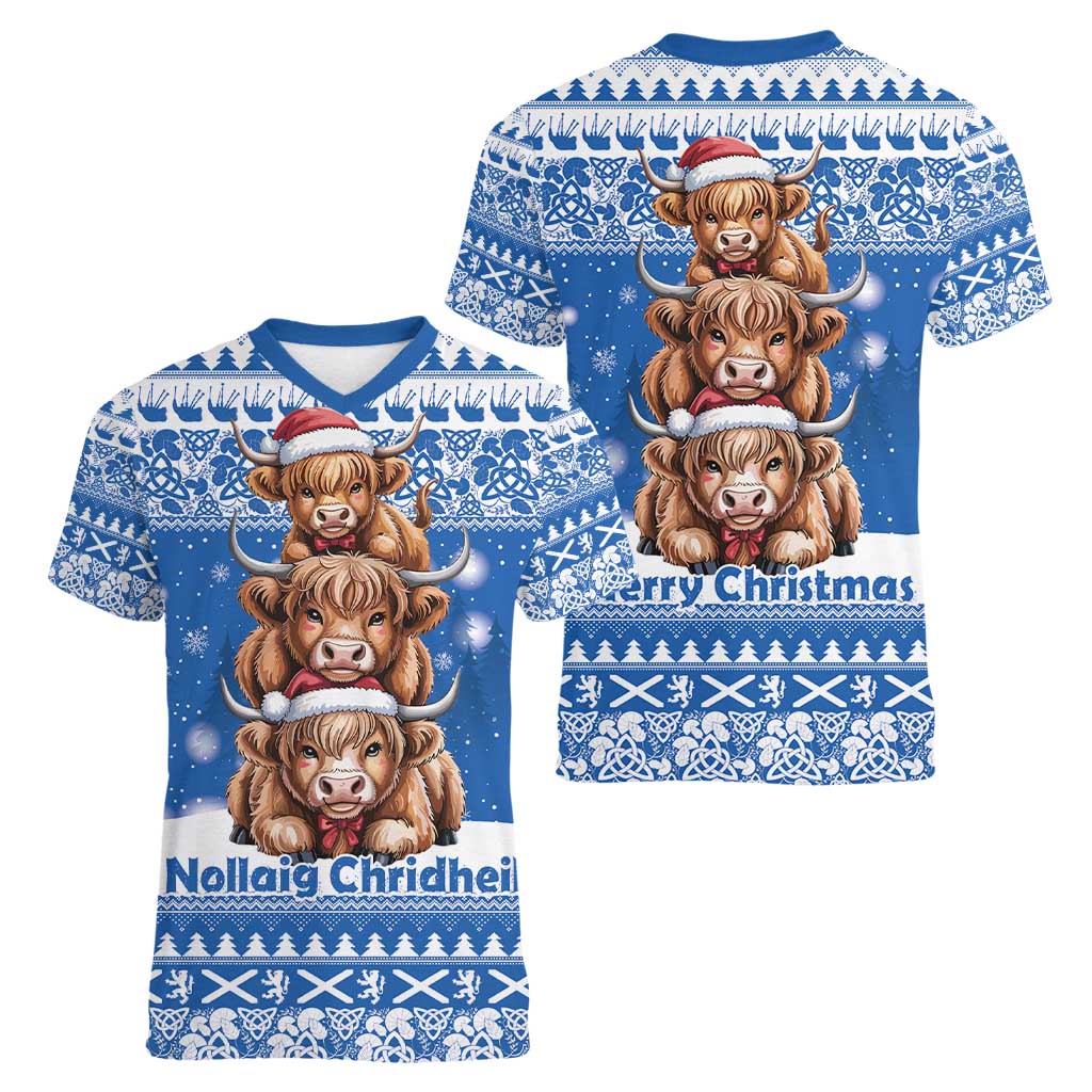 Scotland Highland Cow Christmas Women V-Neck T-Shirt Nollaig Chridheil Blue Winter - Wonder Print Shop