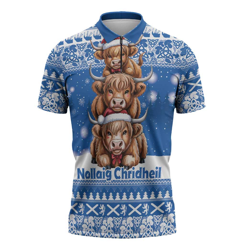 Scotland Highland Cow Christmas Zipper Polo Shirt Nollaig Chridheil Blue Winter - Wonder Print Shop